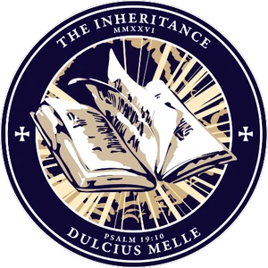 The seal of The Inheritance: an open book beneath rays of light, inscribed Dulcius Melle, Psalm 19:10